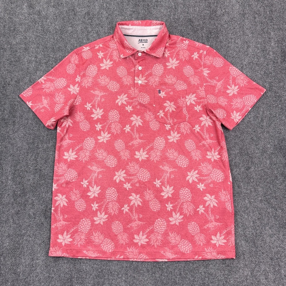IZOD Saltwater Mens Polo Shirt Medium Pink‎ Pineapple Tropical Golf Performance